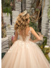 Ivory Lace Champagne Tulle Floor Length Flower Girl Dress